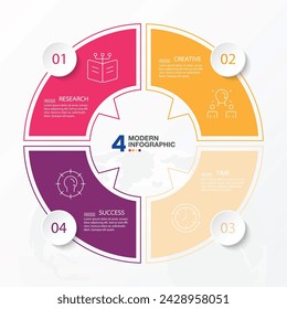 Moderne Kreis-Infografik-Vorlage mit 4 Schritten, Prozess oder Optionen, Prozessdiagramm, Verwendet für Prozessdiagramm, Präsentationen, Workflow-Layout, Flussdiagramm, Infograph. Vektor eps10-Darstellung.