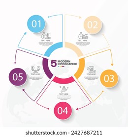 Modern circle infographic template with 5 steps, process or options, process chart, Used for process diagram, presentations, workflow layout, flow chart, infograph. Vector eps10 illustration.