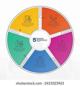 Modern circle infographic template with 5 steps, process or options, process chart, Used for process diagram, presentations, workflow layout, flow chart, infograph. Vector eps10 illustration.