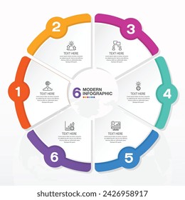 Plantilla de infografía de círculo moderno con 6 pasos, proceso u opciones, diagrama de proceso, Utilizado para diagrama de proceso, presentaciones, diseño de flujo de trabajo, diagrama de flujo, infografía. Ilustración del vector eps10.