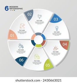 Plantilla de infografía de círculo moderno con 6 pasos, proceso u opciones, diagrama de proceso, Utilizado para diagrama de proceso, presentaciones, diseño de flujo de trabajo, diagrama de flujo, infografía. Ilustración del vector eps10.