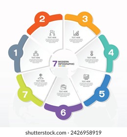 Plantilla de infografía de círculo moderno con 7 pasos, proceso u opciones, diagrama de proceso, Utilizado para diagrama de proceso, presentaciones, diseño de flujo de trabajo, diagrama de flujo, infografía. Ilustración del vector eps10.