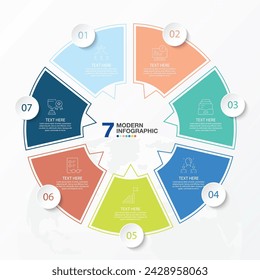 Moderne Kreis-Infografik-Vorlage mit 7 Schritten, Prozess oder Optionen, Prozessdiagramm, Verwendet für Prozessdiagramm, Präsentationen, Workflow-Layout, Flussdiagramm, Infograph. Vektor eps10-Darstellung.