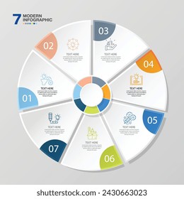 Modern circle infographic template with 7 steps, process or options, process chart, Used for process diagram, presentations, workflow layout, flow chart, infograph. Vector eps10 illustration.