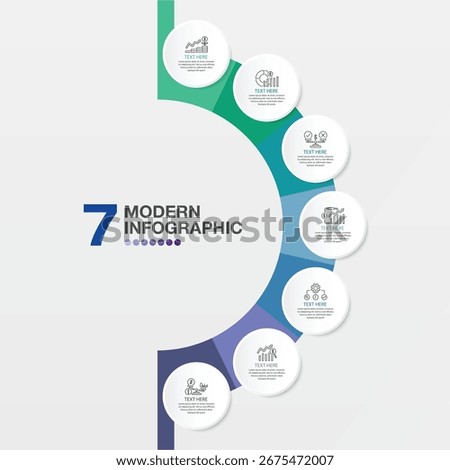 Modern circle infographic template 7 steps, process or options, process chart, Used for process diagram, presentations, workflow layout, flow chart, infograph. Vector eps10 illustration.
