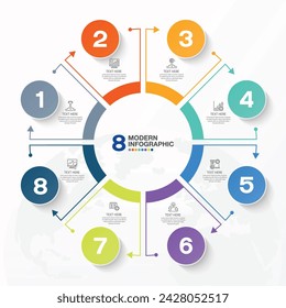 Plantilla de infografía de círculo moderno con 8 pasos, proceso u opciones, diagrama de proceso, Utilizado para diagrama de proceso, presentaciones, diseño de flujo de trabajo, diagrama de flujo, infografía. Ilustración del vector eps10.