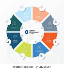 Modern circle infographic template with 8 steps, process or options, process chart, Used for process diagram, presentations, workflow layout, flow chart, infograph.