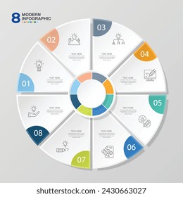 Modern circle infographic template with 8 steps, process or options, process chart, Used for process diagram, presentations, workflow layout, flow chart, infograph. Vector eps10 illustration.