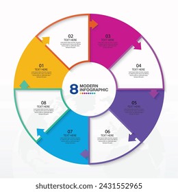 Modern circle infographic template with 8 steps, process or options, process chart, Used for process diagram, presentations, workflow layout, flow chart, infograph. Vector eps10 illustration.