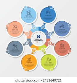 Plantilla de infografía de círculo moderno con 8 pasos, proceso u opciones, diagrama de proceso, Utilizado para diagrama de proceso, presentaciones, diseño de flujo de trabajo, diagrama de flujo, infografía. Ilustración del vector eps10.