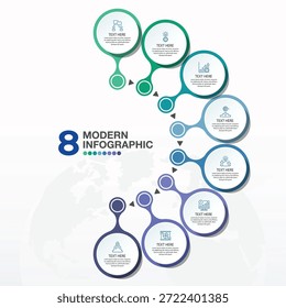 Plantilla de infografía circular moderna con 8 pasos e íconos.