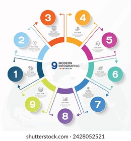 Modern circle infographic template with 9 steps, process or options, process chart, Used for process diagram, presentations, workflow layout, flow chart, infograph. Vector eps10 illustration.