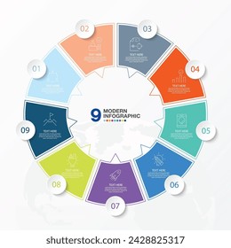 Modern circle infographic template with 9 steps, process or options, process chart, Used for process diagram, presentations, workflow layout, flow chart, infograph. Vector eps10 illustration.