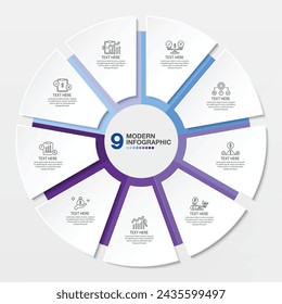 Modern circle infographic template with 9 steps, process or options, process chart, Used for process diagram, presentations, workflow layout, flow chart, infograph. Vector eps10 illustration.