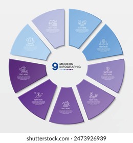 Modern circle infographic template with 9 steps, process or options, process chart, Used for process diagram, presentations, workflow layout, flow chart, infograph. Vector eps10 illustration.