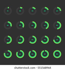 Modern circle progress bar, loading and buffering percentage icon set vector illustration