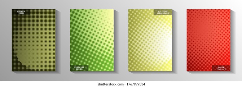 Modern circle screen tone gradation cover templates vector collection. Digital flyer faded screen tone patterns. Retro cartoon comics style front page leaflets. Rectangle albums.