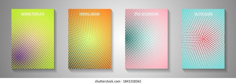 Modern circle screen tone gradation title page templates vector series. Digital magazine faded screen tone backdrops. Vintage comics style cover page layouts. Gradient design.