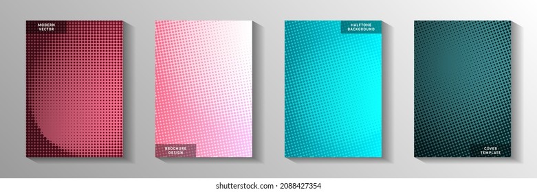 Modern circle screen tone gradation front page templates vector series. Industrial journal faded screen tone backgrounds. Vintage cartoon comics style cover leaflets. Rectangle albums.