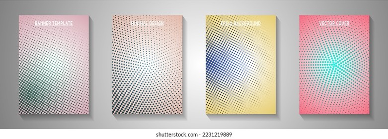 Modern circle screen tone gradation cover templates vector series. Corporate booklet faded screen tone backdrops. Retro cartoon comics style title page layouts. Gradient design.