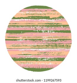 Modern circle vector geometric shape with striped texture of ink horizontal lines. Disc banner with old paint texture. Badge round shape circle logo element with grunge background of stripes.