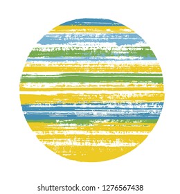 Modern circle vector geometric shape with striped texture of paint horizontal lines. Disc banner with old paint texture. Label round shape logotype circle with grunge background of stripes.