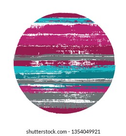 Modern circle vector geometric shape with stripes texture of paint horizontal lines. Disk banner with old paint texture. Stamp round shape circle logo element with grunge stripes background.