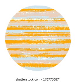 Modern circle vector geometric shape with striped texture of ink horizontal lines. Old paint texture disc. Badge round shape circle logo element with grunge background of stripes.