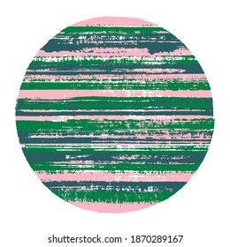 Modern circle vector geometric shape with striped texture of paint horizontal lines. Disk banner with old paint texture. Badge round shape circle logo element with grunge background of stripes.