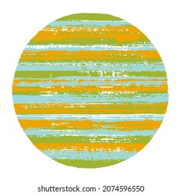 Modern circle vector geometric shape with striped texture of paint horizontal lines. Planet concept with old paint texture. Label round shape circle logo element with grunge background of stripes.