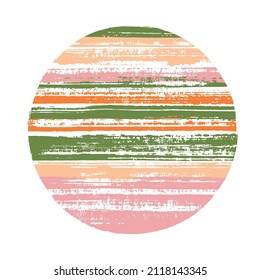 Modern circle vector geometric shape with striped texture of ink horizontal lines. Old paint texture disk. Badge round shape logotype circle with grunge background of stripes.