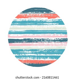 Modern circle vector geometric shape with striped texture of paint horizontal lines. Disc banner with old paint texture. Badge round shape logotype circle with grunge background of stripes.