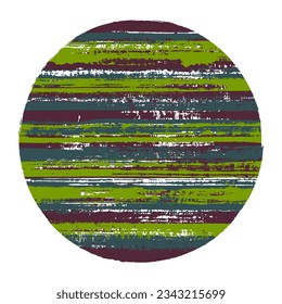 Modern circle vector geometric shape with striped texture of paint horizontal lines. Old paint texture disk. Stamp round shape logotype circle with grunge background of stripes.