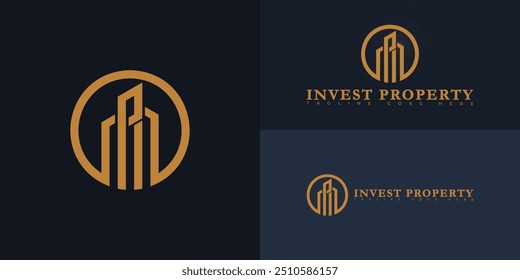 O logotipo IP ou PI da letra inicial do vetor de círculo moderno em cor dourada isolada em várias cores de fundo. O logotipo é adequado para modelos de inspiração de design de logotipo de empresa de investimento imobiliário.