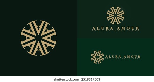 Modern circle vector initial letter A or AA logo in gold color isolated on multiple background colors. The logo is suitable for beauty and wellness product logo design inspiration templates.