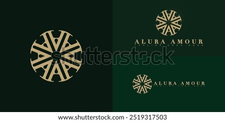 Modern circle vector initial letter A or AA logo in gold color isolated on multiple background colors. The logo is suitable for beauty and wellness product logo design inspiration templates.