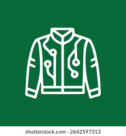 Modern circuit jacket design. White outline on a green background. Represents technology, fashion, wearable tech, and innovation.