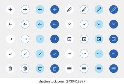 Modern circular action button icon set. Mobile interface design. Add edit delete navigation controls. Apps dashboards websites and software products user experience. Ui ux elements components toolkit