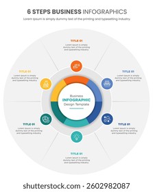 Modern circular business infographic template with 6 steps, colorful segments, and icons for workflow, strategy, and presentation. Ideal for corporate reports, marketing, and data visualization.