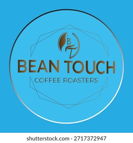 Diseño circular moderno del logotipo de los tostadores de café con el texto del "toque del grano" en fondo azul