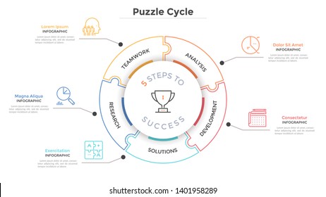 Modern circular diagram divided into 5 jigsaw puzzle pieces. Concept of five steps to business success. Linear infographic design template. Minimal vector illustration for presentation, brochure.