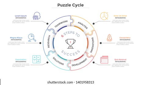 Modern circular diagram divided into 6 jigsaw puzzle pieces. Concept of six steps to business success. Linear infographic design template. Minimal vector illustration for presentation, brochure.