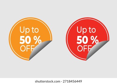 Moderne runde Discount-Etiketten in Orange und Rot mit realistisch gefaltetem Eckdesign, perfekt für E-Commerce und Shop-Verkäufe.