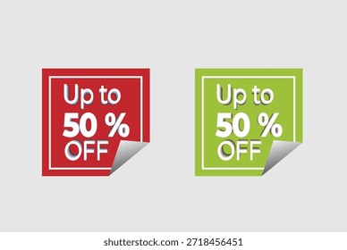 Moderne runde Discount-Etiketten in Orange und Rot mit realistisch gefaltetem Eckdesign, perfekt für E-Commerce und Shop-Verkäufe.