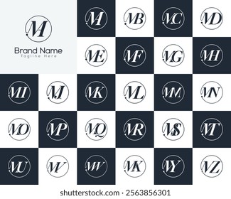 Modern Circular Frame and Luxury Alphabet Logo Design. Circle M with A to Z Letter Monogram Luxury logo design.