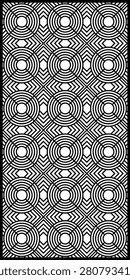 Modern circular grid geometric jali panel featuring interconnected concentric circles and woven lattice elements in a seamless repeating layout. This clean black and white vector design is ideal for CNC router, laser cutting, MDF, wood, acrylic, metal, PVC, and decorative architectural applications. Perfect for wall panels, room dividers, window grills, gates, ceiling panels, privacy screens, and interior or exterior decoration. Fully editable vector artwork designed for precision cutting and professional CNC manufacturing.