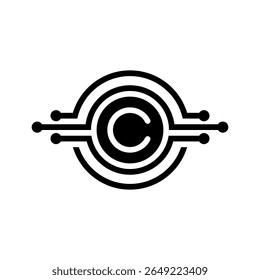 A modern circular icon featuring the letter "C" at its center, surrounded by concentric rings and circuit-like lines extending outward. This abstract, black-and-white design symbolizes digital rights,