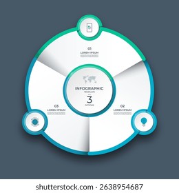 Modern circular infographic with 3 steps. Ideal for business process, strategy, timeline, workflow, or presentation design. Editable vector template with icons and clean layout.