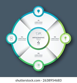 Modern circular infographic with 4 steps. Ideal for business process, strategy, timeline, workflow, or presentation design. Editable vector template with icons and clean layout.