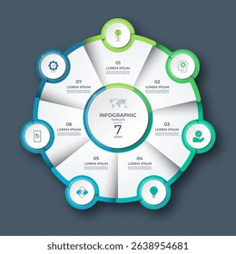 Modern circular infographic with 7 steps. Ideal for business process, strategy, timeline, workflow, or presentation design. Editable vector template with icons and clean layout.